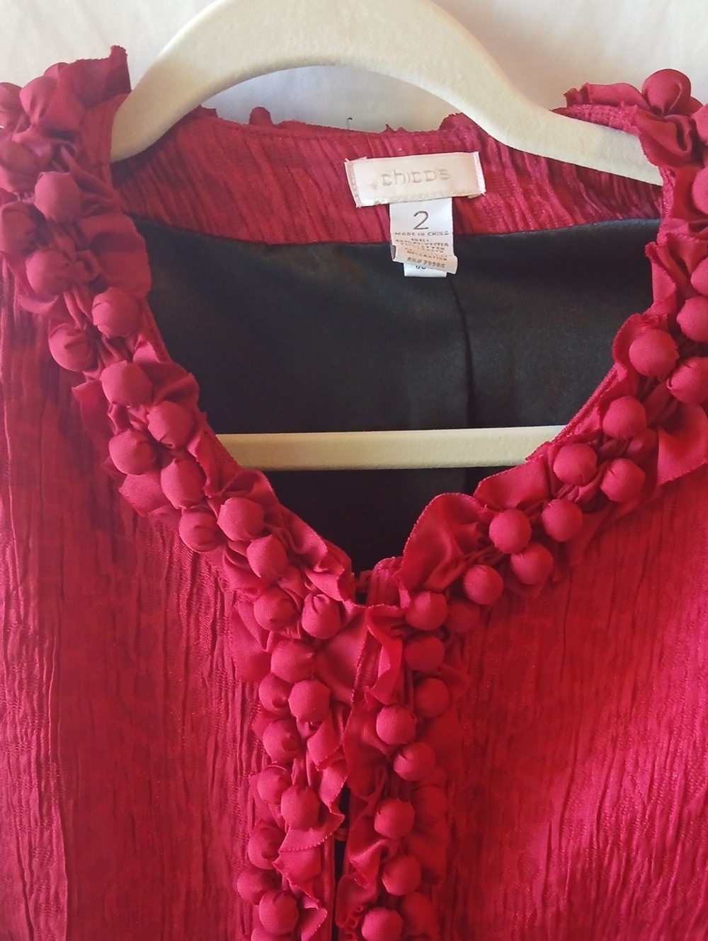 Chico's Wine Red Textured Jacket with Pom-Pom Trim - Picture 2 of 3